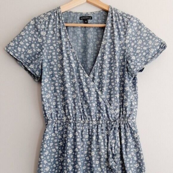 J. CREW Mercantile Floral Faux Wrap Ruffle Dress Chambray Sz XS - Picture 3 of 10